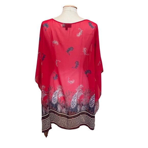 Lane Bryant Red Paisley Print‎ Sheer Poncho Top Tassel Tie Neckline Kimono 22/24 - Picture 4 of 8